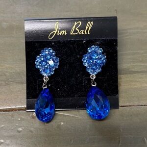 New Jim Ball Sapphire/Silver Crystal pear Drop Pierced Earrings.  Retail 58.00